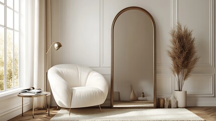 A modern living room with an armchair, a large mirror on the wall, a parquet floor, white walls, a beige carpet, a side table with a magazine and a lamp, and a mock-up for artwork 