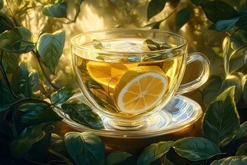 Refreshing herbal tea with lemon in sunlit garden setting