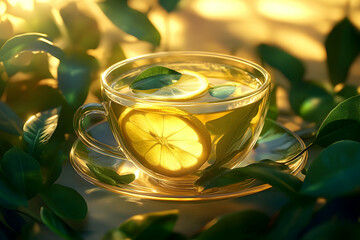 Refreshing lemon tea in sunlit garden surrounded by greenery