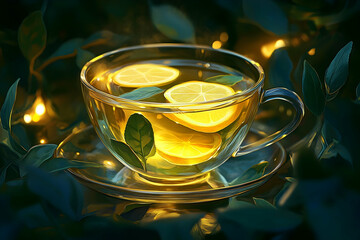 Warm lemon tea with fresh mint in glass cup surrounded by leaves in soft light