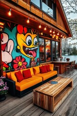Modern outdoor patio area with vibrant mural, comfortable seating, and a wooden deck