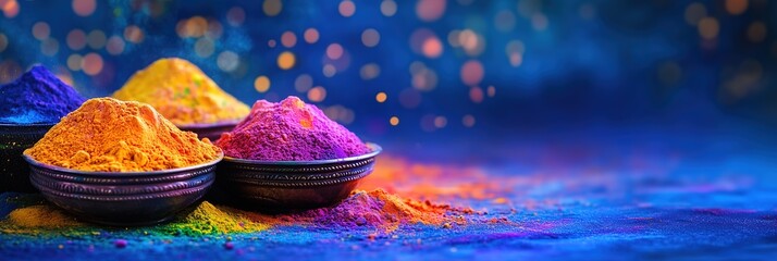 Vibrant Holi Color Powders in Bowls on Deep Blue Background for Festive Celebration Banners
