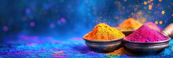 Vibrant Holi Color Powders in Bowls on Deep Blue Background for Festive Celebration Banners