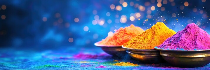 Vibrant Holi Color Powders in Bowls on Deep Blue Background for Festive Celebration Banners