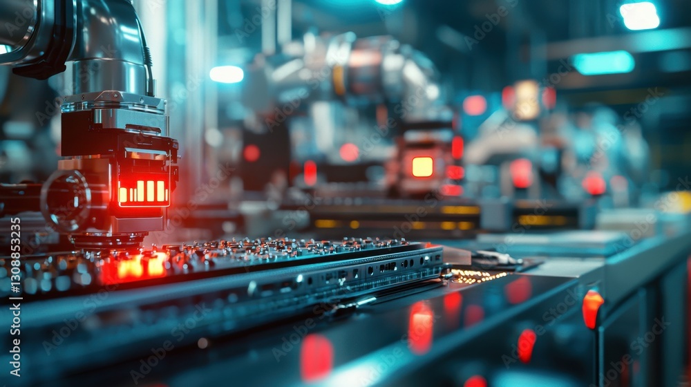 Poster automated machinery operates in a high-tech manufacturing environment. robots assemble and inspect c