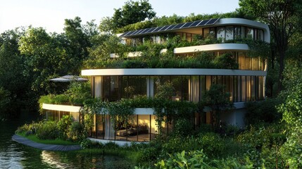 A modern house integrates seamlessly into the environment, featuring large glass windows and multiple levels adorned with greenery. Solar panels are visible on the roof, enhancing energy efficiency