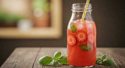 Refreshing summer drink in glass bottle. Strawberry basil beverage with ice cubes and straw for healthy lifestyle and seasonal refreshment.