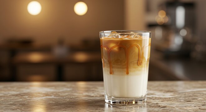 Cold latte with caramel decoration for beverage menu, recipe concept, for coffee shop ad, for breakfast drink recipe, caramel macchiato for holidays like national coffee day