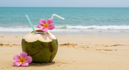 Fresh coconut beverage on beach sand for summer vacation travel, exotic tropical refreshment drink against sea for relaxation and holiday concept, copy space