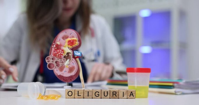 A professional analysis of oliguria, featuring kidney models and urine samples for medical education.