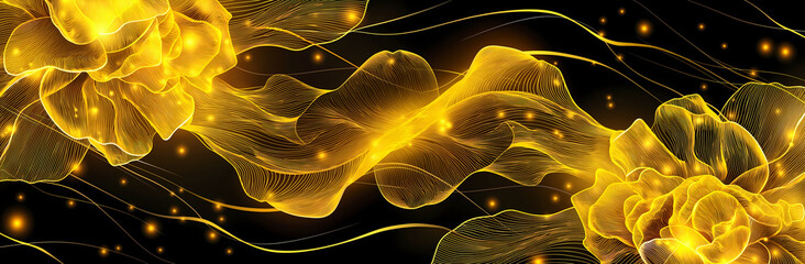 Bright Abstract Golden Floral Patterns on a Black Background With Glowing Highlights

