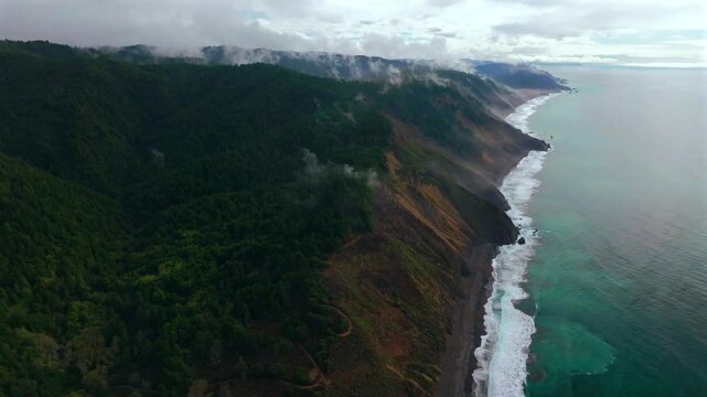 USAL Beach Sinkyone Wilderness Lost Coast Trail Redwood Forest California aerial drone rugged untouched coastline mist morning remote untouched waves crashing bluffs mountainside AWD 4WD track forward
