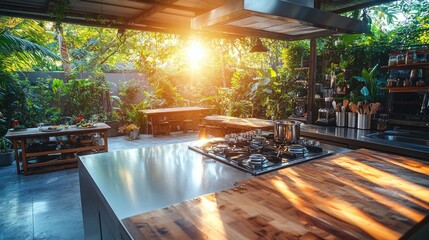 Outdoor kitchen bathed in sunlight, surrounded by lush greenery