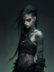 Fototapeta premium Serious Woman with Tattoos and Piercings,Anime Dark