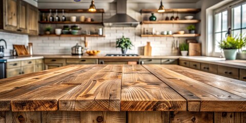 Rustic Wooden Kitchen Island Countertop with Blurred Background of Farmhouse Style Kitchen
