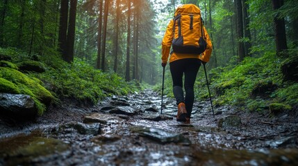Hiker in a lush forest trail