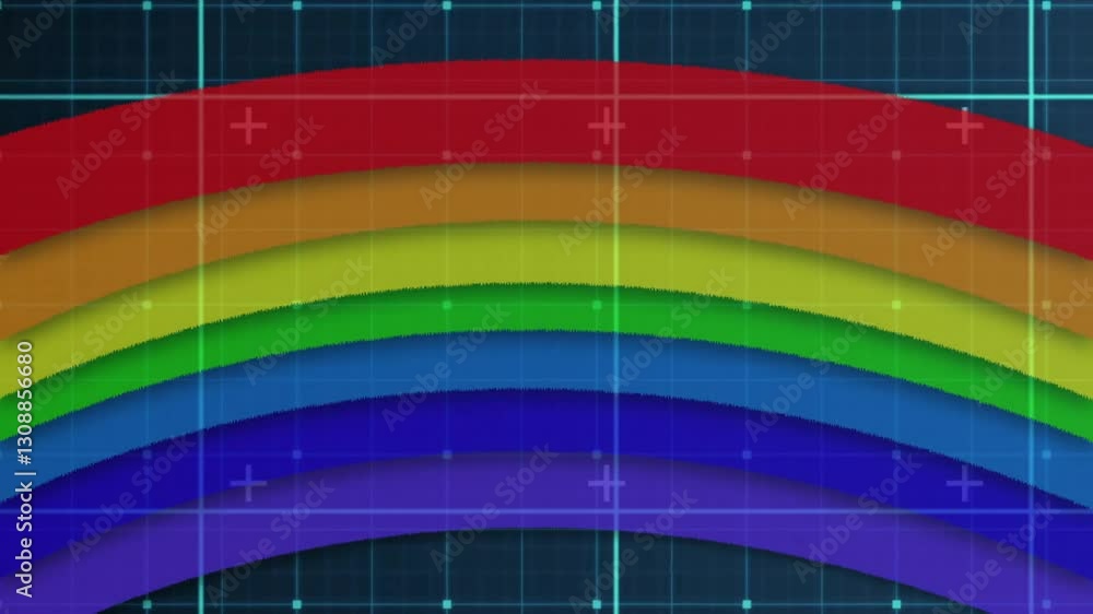 Poster overlaying colorful rainbow on grid with animation and technical design elements