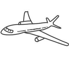 A simple black and white line drawing of an airplane in flight