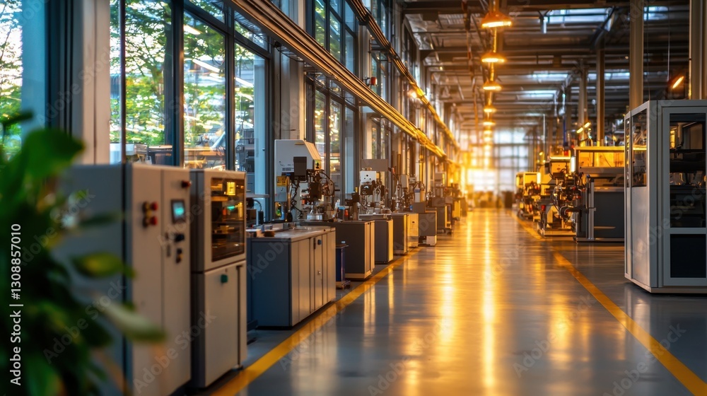 Poster sunlight streams through large windows in a spacious workshop filled with various machines. workers 