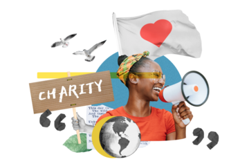 Charity word png, volunteer woman holding megaphone remix, transparent background