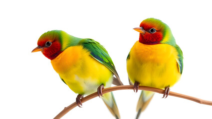 Fototapeta premium a pair of colorful birds perched on a thin branch, displaying their vibrant plumage and expressive poses