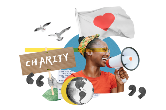Charity word png, volunteer woman holding megaphone remix, transparent background - Powered by Adobe