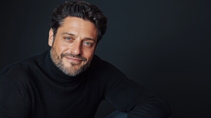 Fototapeta premium A man with curly hair and a light beard smiles warmly while wearing a black turtleneck sweater. The setting is indoors with a dark background that enhances his features
