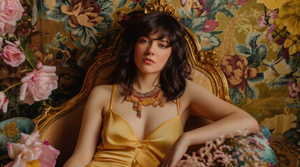 Woman in yellow dress seated in floral vintage armchair.