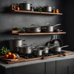 A sleek and modern titanium cookware set, arranged on a stylish open shelf.