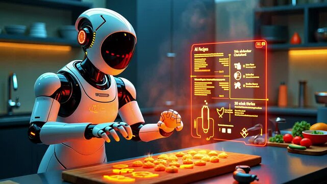 Futuristic robot chef preparing gourmet dishes in a modern kitchen with glowing interfaces and ingredients