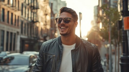 Fototapeta premium A young man walks confidently down a bustling urban street during sunset, wearing sunglasses and a leather jacket, smiling as he enjoys the vibrant atmosphere