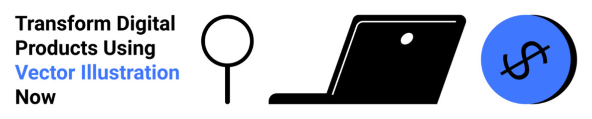 Magnifying glass, laptop, and blue dollar sign circle represent analysis, technology, and financial success. Ideal for business growth, digital tools, marketing, e-commerce innovation strategy