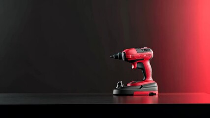 A sleek red cordless drill positioned on a dark surface, showcasing its design and functionality