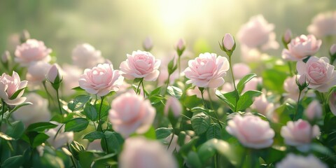 Beautiful flower garden with blooming pink roses at sunset