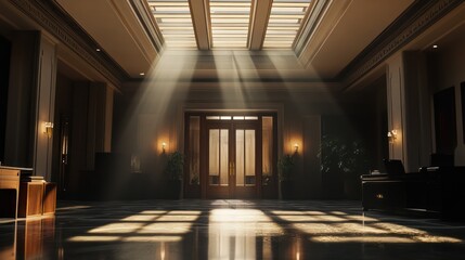 Sunlit grand building lobby entrance