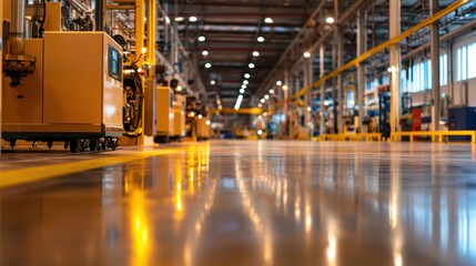 Fototapeta premium A modern manufacturing facility features advanced machinery aligned along yellow marked lanes