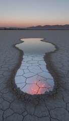 A tranquil puddle reflects a vibrant sunset on cracked earth