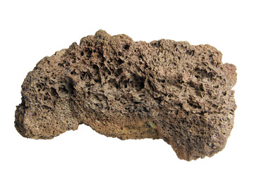 Porous brown lava stone rock with rough surface and natural holes isolated on transparent background. PNG transparency