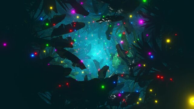 Flying through foliage in a dark jungle with lots of colorful fireflies. Infinitely looped animation