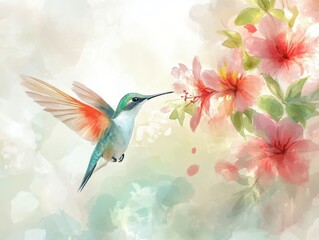 Hummingbird hovering near colorful flowers in a serene garden
