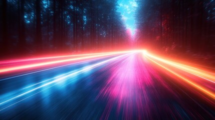 Obraz premium Mystical forest road with vibrant light trails
