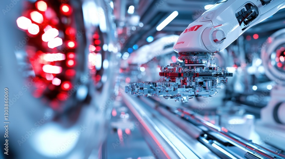 Poster a sophisticated robotic arm is engaged in assembling delicate electronic circuits inside a modern ma