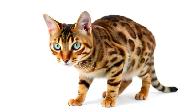 a stunning Bengal cat with striking markings and captivating green eyes, in a graceful pose - Powered by Adobe