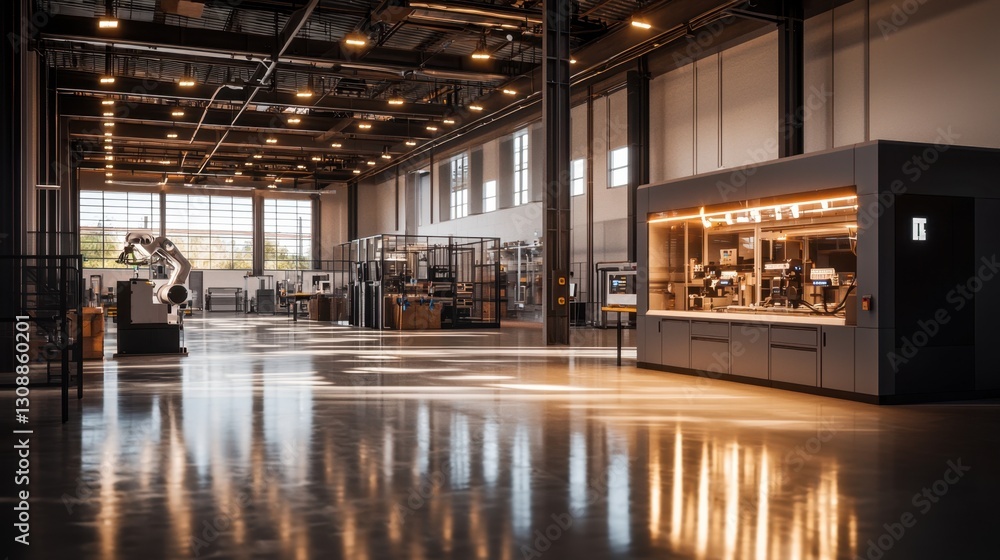 Aufkleber a spacious production facility showcases automated machinery and robotic arms working efficiently in