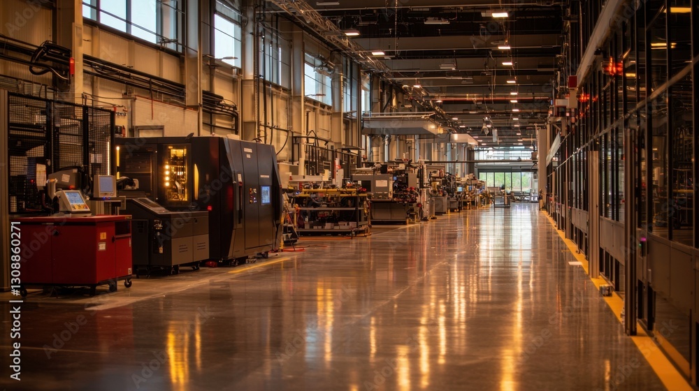 Poster machinery fills the spacious factory interior, illuminated by natural light from large windows. equi