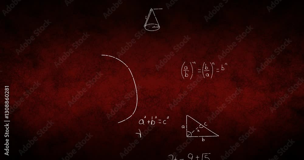 Aufkleber animation of mathematical equations and diagrams on red textured background
