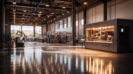 Fototapeta premium A spacious production facility showcases automated machinery and robotic arms working efficiently in a well-lit environment. The space emphasizes innovation and technological advancement