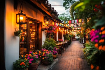 A scenic view of a Hispanic-style courtyard decorated with lanterns, flags, and flowers for an evening celebration