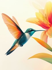 Hummingbird feeding from a vibrant flower at sunrise