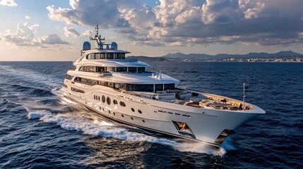 A sleek luxury yacht sails gracefully across the open sea, with mountains visible in the background under a bright sky. Waves gently lap against the hull as it moves swiftly